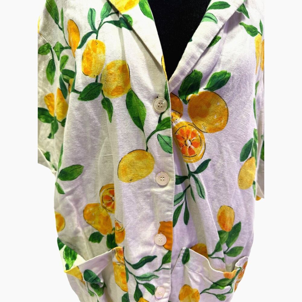 ZARA linen cotton blend lemon print short sleeve button up shirt - Picture 3 of 7